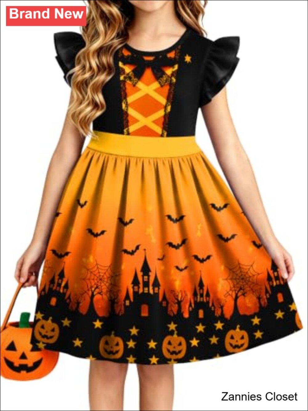 👻 Girls Halloween Witch Print Ruffle Sleeve A-Line Dress Costume